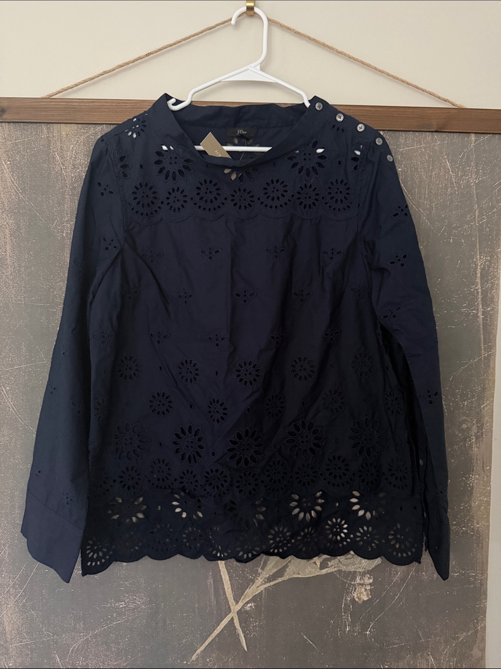 J. Crew eyelet funneckneck women’s top NWT size 12 navy